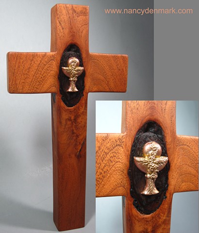 collaborative mesquite and polymer clay cross by Nancy Denmark and Margaret Bailey