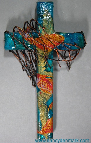 Cast Your Nets collage cross by Nancy Denmark & Patti Reed