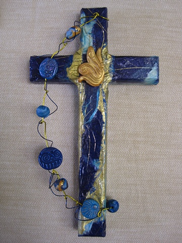 Collage wall cross with polymer clay ECW Butterfly by Nancy Denmark & Patti Reed