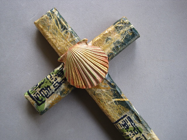 collage cross with polymer clay scallop seashell Nancy Denmark Patti Reed