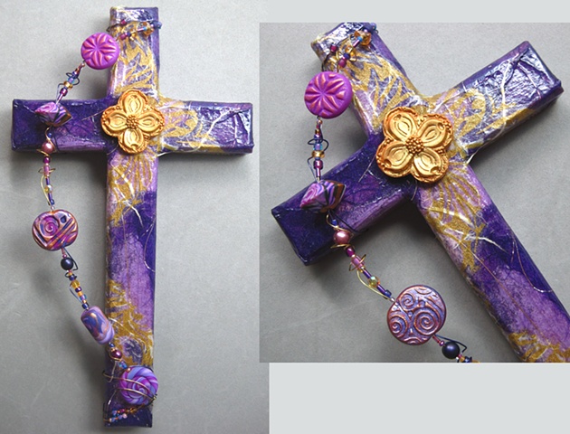 collage on wood cross embellished with polymer clay dogwood symbol Nancy Denmark Patti Reed