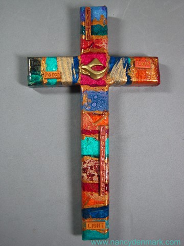 Tapestry of Peace Collage and Symbol Wall Cross by Nancy Denmark