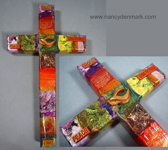 collage & symbol wall cross made by Nancy Denmark