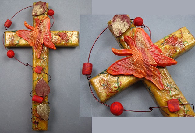 wood collage wall cross with polymer butterfly & leaves Nancy Denmark Patti Smith