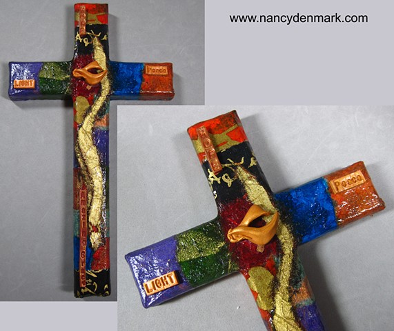 Tapestry collage and symbol wall cross made by Nancy Denmark & Patti Reed