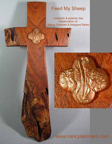 Mesquite wall cross with good shepherd quatrefoil symbol made by Nancy Denmark and Margaret Bailey