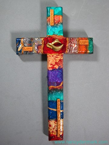 Tapestry of Peace Collage and Symbol Wall Cross by Nancy Denmark