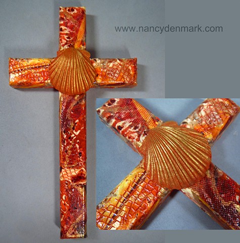 Baptismal scallop shell on collage wall cross made by Nancy Denmark
