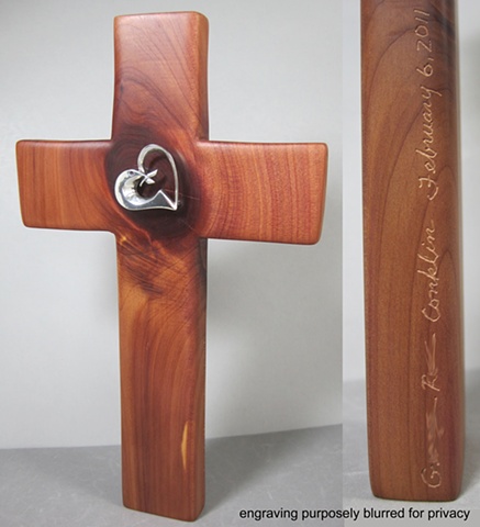 customized cedar wall cross with sterling symbol by Nancy Denmark