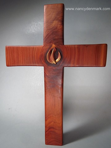 cedar cross by Margaret Bailey with descending dove symbol design by Nancy Denmark 