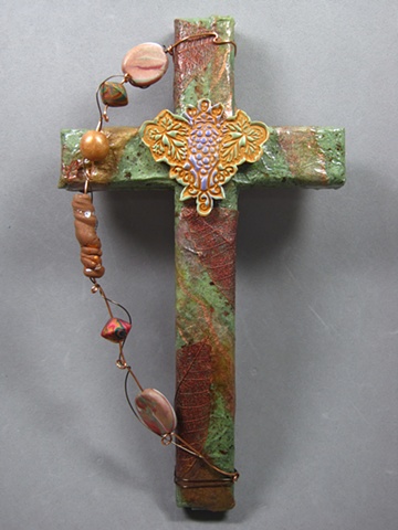 GRAPES & LEAVES GREEN AND BRONZE COLLAGE CROSS