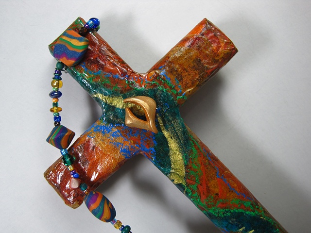 polymer clay descending dove on collage cross