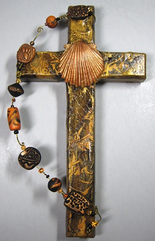 BAPTISMAL SHELL
ON BLACK, GOLD, BROWN
COLLAGE CROSS