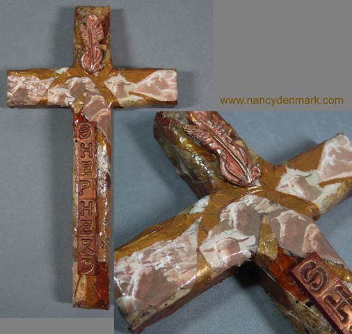 polymer clay & collage shepherd theme wall cross by Nancy Denmark & Patti Reed