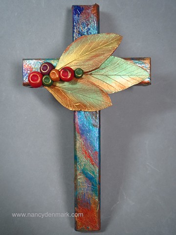 Trinity of Leaves on Collage Wall Cross by Nancy Denmark