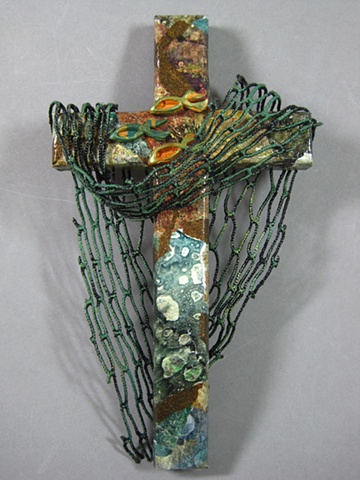 cast your nets themed collage wall cross by Nancy Denmark