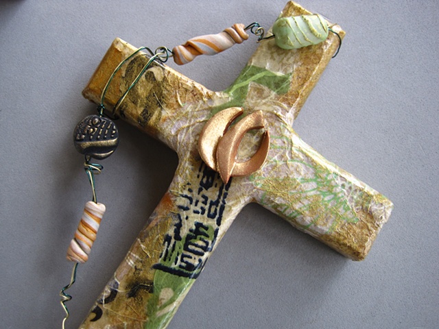 descending dove polymer clay symbol on collage cross Nancy Denmark Patti Reed