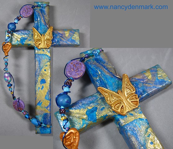 Be Ye Transformed collage and symbol wall cross by Nancy Denmark and Patti Reed