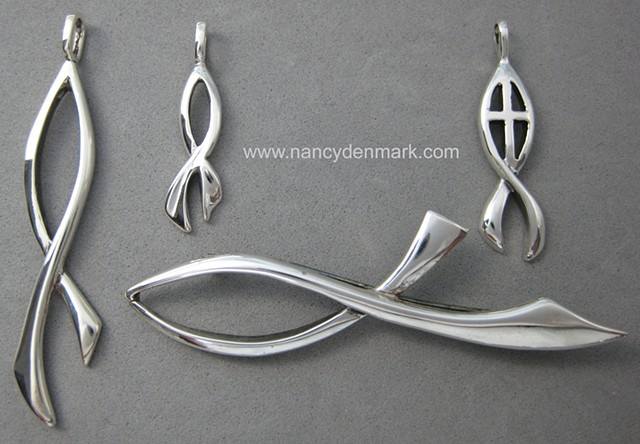 sterling silver ichthus fish pendants & pin jewelry designs by Nancy Denmark