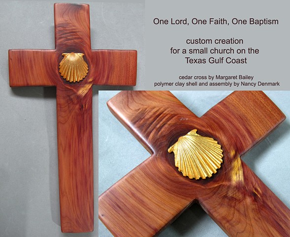 Cedar cross with polymer clay shell made by Nancy Denmark and Margaret Bailey