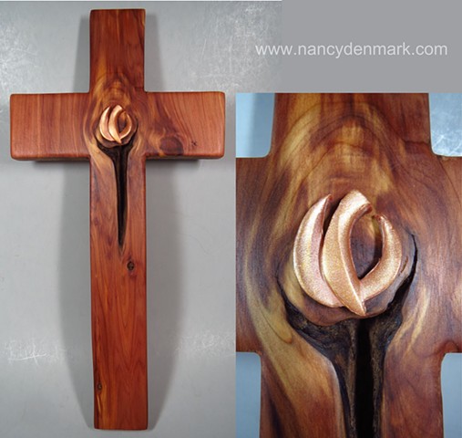 cedar cross made by Margaret Bailey with descending dove design by Nancy Denmark