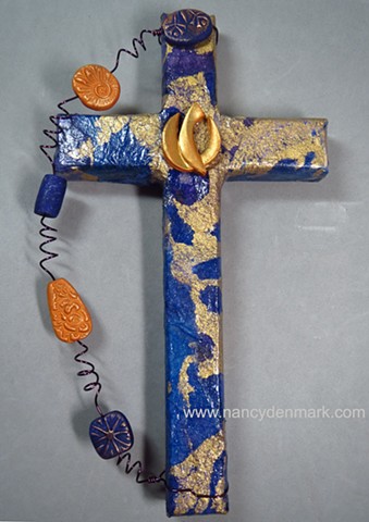 descending dove collage wall cross by Nancy Denmark and Patti Reed