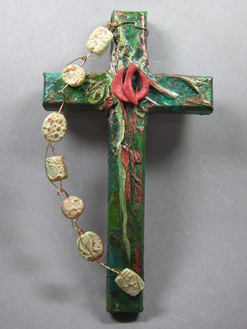 collage cross with polymer clay descending dove by Nancy Denmark & Patti Reed