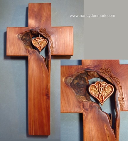One In The Spirit symbol by Nancy Denmark in cedar cross by Margaret Bailey