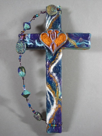 collage cross for wall with christian symbol by Nancy Denmark Patti Reed