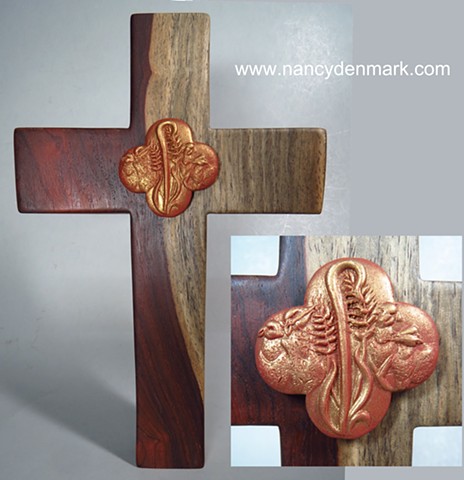 Cocobolo wood cross by Margaret Bailey with Feed My Sheep quatrefoil symbol by Nancy Denmark
