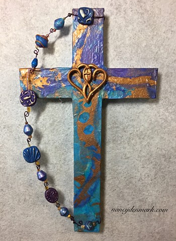 One In The Spirit collage cross made by Nancy Denmark and Patti Reed.