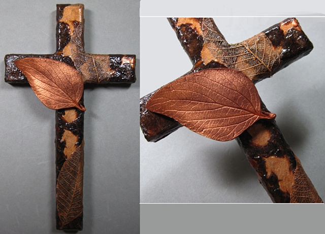 collage wall cross with polymer clay leaf Nancy Denmark Patti Reed