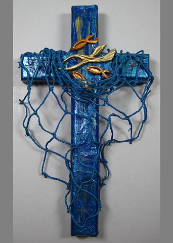 collage wall cross with "cast your nets" symbolism by Patti Reed & Nancy Denmark