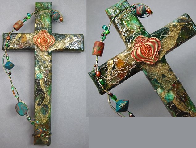 collage on wood cross with polymer clay pomegranate symbol Nancy Denmark Patti Reed