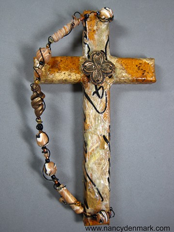Dogwood Quatrefoil symbol on collage cross by Nancy Denmark & Patti Reed