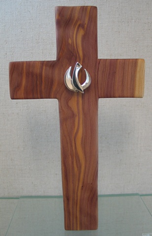 cedar cross with sterling silver descending dove