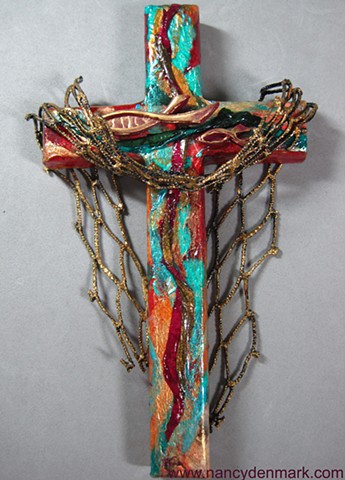 Cast Your Nets Collage Cross by Nancy Denmark