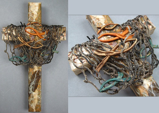 wood collage wall cross Cast Your Nets theme Nancy Denmark Patti Reed