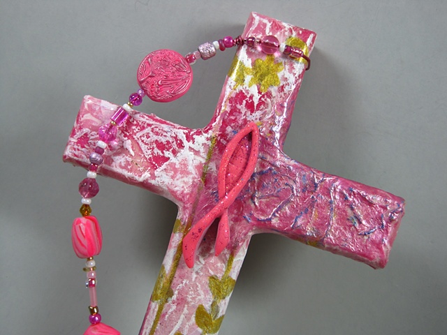 PINK RIBBON FISH
ON COLLAGE CROSS
CLOSE UP VIEW