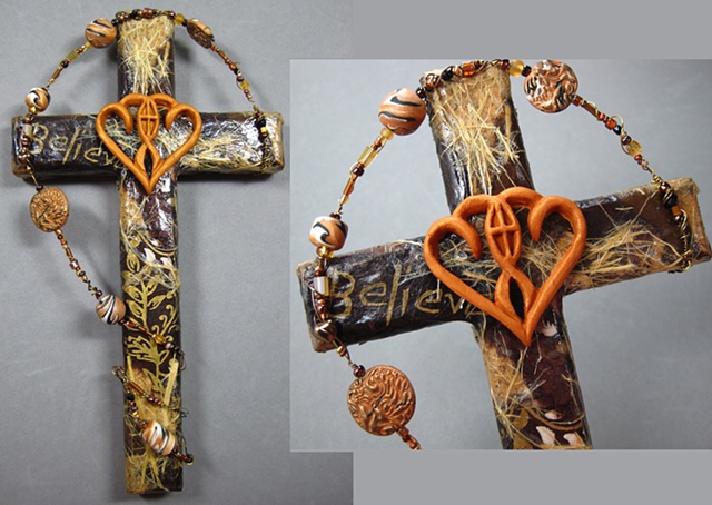 brown and gold collage wall cross with marriage symbol Nancy Denmark Patti Reed