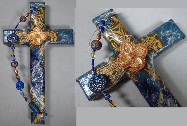 beaded collage cross with dogwood quatrefoil symbol Nancy Denmark Patti Reed