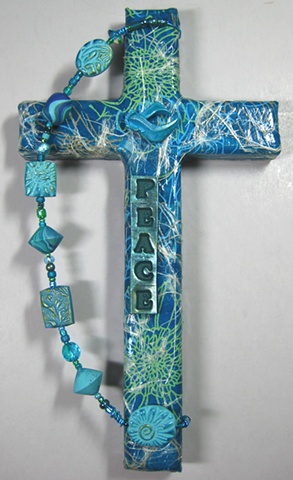 PEACE DOVE ON TURQUOISE 
COLLAGE CROSS