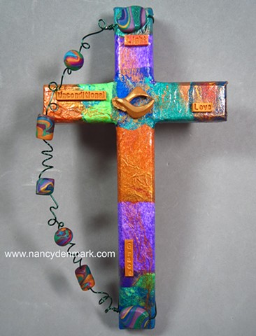 Peace dove collage wall cross by Nancy Denmark