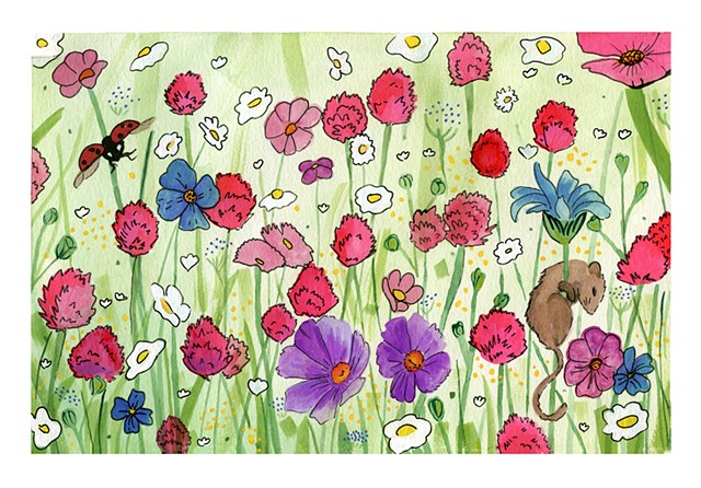Illustration of a mouse hanging out in the flower garden. A ladybug painting. Flowers that look like eggs. Katlynne Hummell