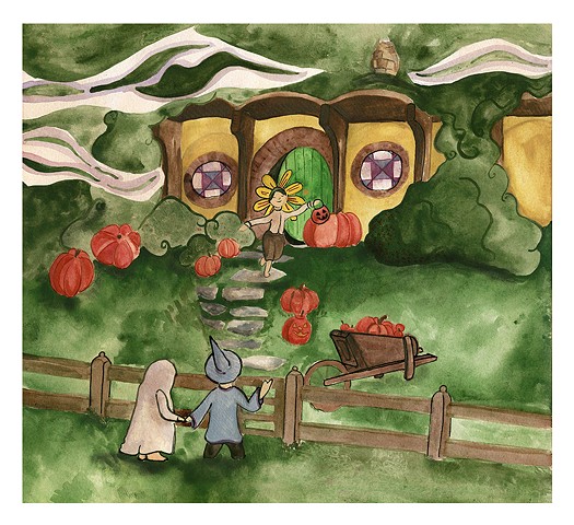Illustration of Halloween in Hobbiton by Katlynne Hummell Underhill. Watercolor fantasy painting. Watercolor painting of hobbiton. Watercolor painting of Lord of the rings.