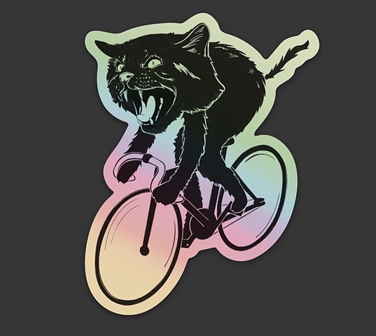 Holographic hissing cat on a fixie