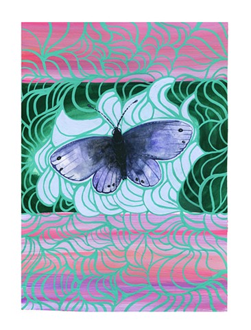 A butterfly surrounded by patterns. Watercolor and gouache on paper, by Katlynne Hummell Underhill.