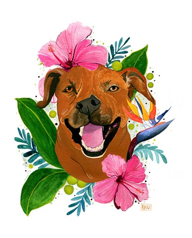 Commissioned pet portrait. Watercolor and gouache on paper, by Katlynne Hummell Underhill. Dog portrait. Costa rican flowers