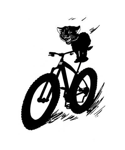 Ink painting of a cat on a bike. Fat Bike art. Cat on a bike. Katlynne Hummell Underhill