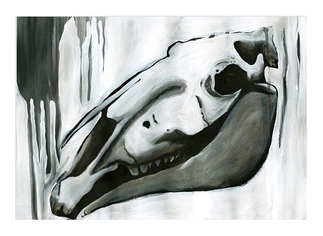 Horse skull painting by Katlynne Hummell Underhill. Ink and gesso on paper. Skull painting. Horse painting.